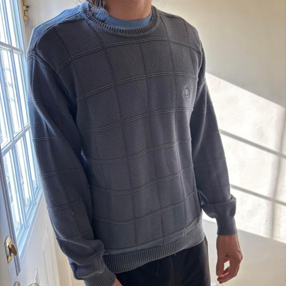 Vintage Izod Slate Blue Square Knit Sweater Large 90s Y2K Grandpa